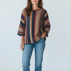 Chaps Women's Sweater  1X Aztec Boho Lagenlook Striped Cotton Blend Navajo